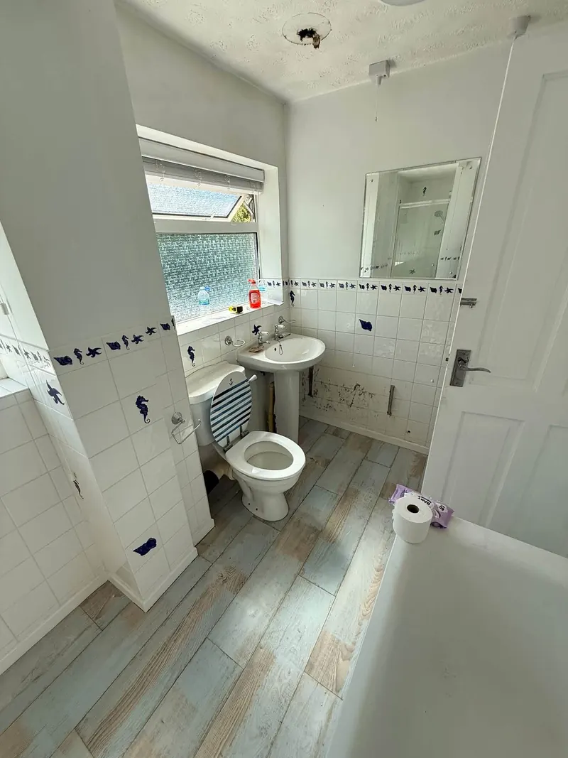 Bathroom before, with seahorse border tiles, a pedestal basin and a toilet